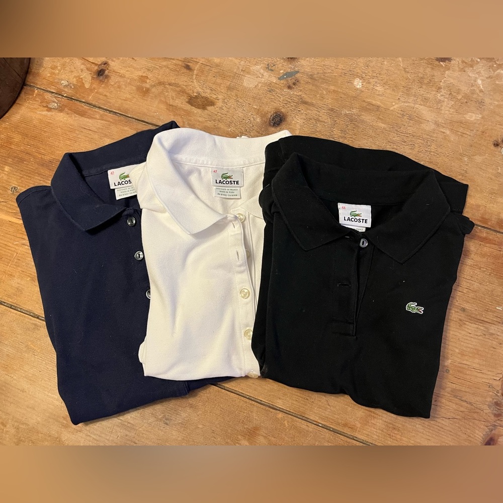 3 pack of lacoste 5 button polo shirts! black blue and white!